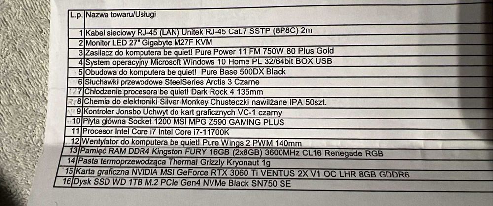 Komputer stacjonarny i7-11700K/32GB/1TB/3060Ti + PERYFERIA.