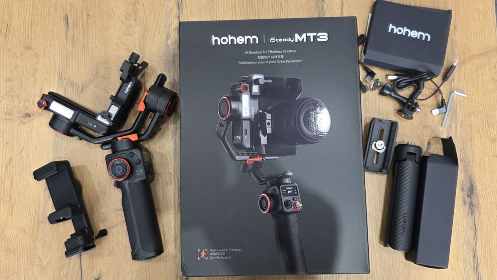 Gimbal do aparatów, kamer sportowych i telefonów HOHEM iStedy MT3 z kamerą AI - najlepszy hybrydowy stabilizator 4w1 lepszy niż Dji RS 5 i DJI mini 4