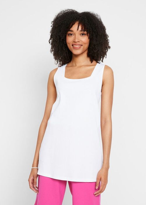 Top biały prążkowany dekolt karo r.44/46