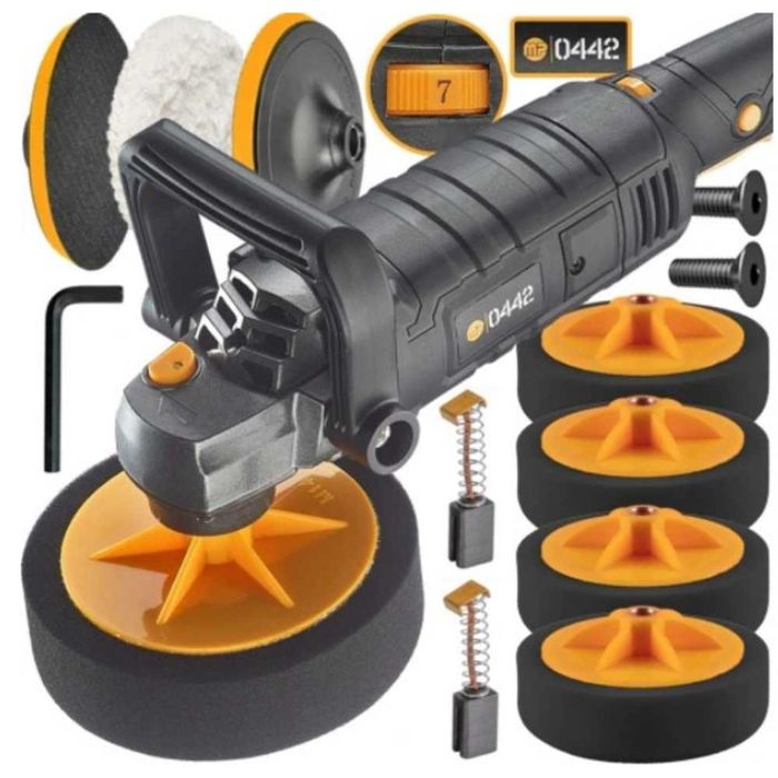 Mocna POLERKA SAMOCHODOWA z regulacją obrotów ZESTAW gąbek - SOLIDNA