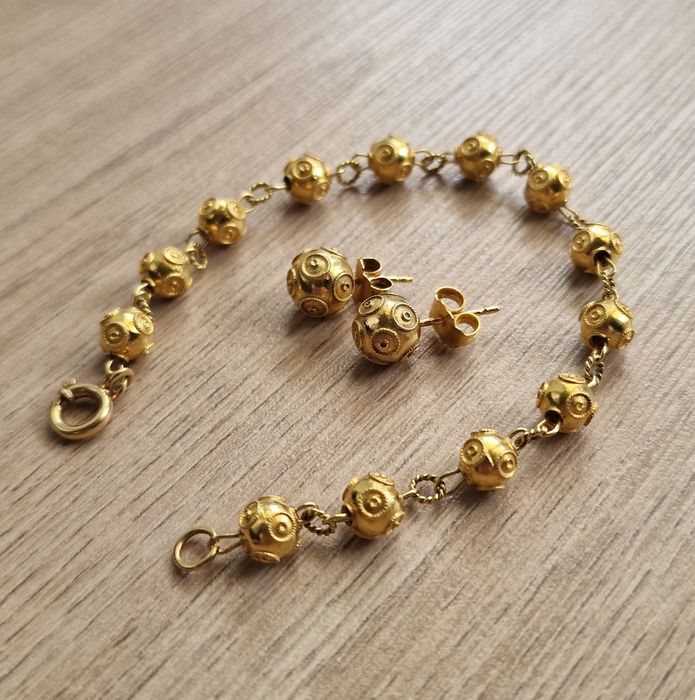 Pulseira e Brincos Ouro - Bolas de Viana - 19.2k