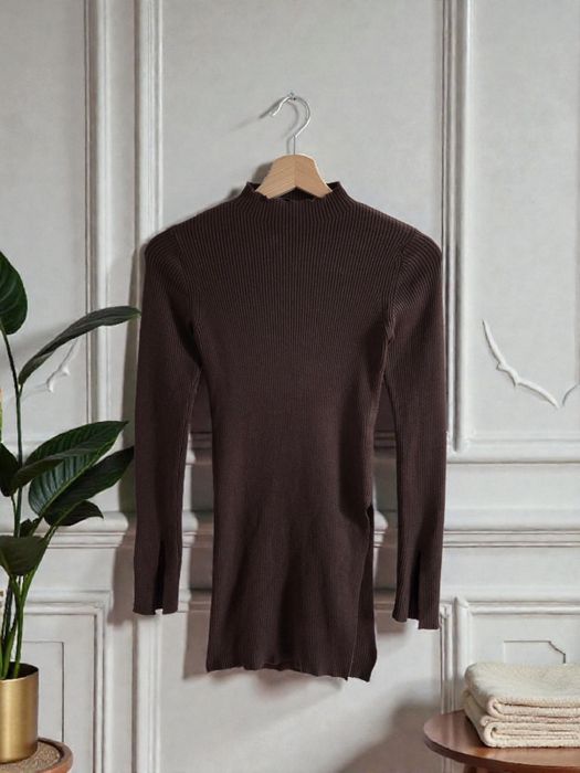 ZARA czekoladowy sweter prążkowany   brązowy  old money narty
