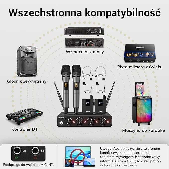 Bezprzewodowy zestaw mikrofonowy TONOR TW362 UHF z mikrofonem ręcznym