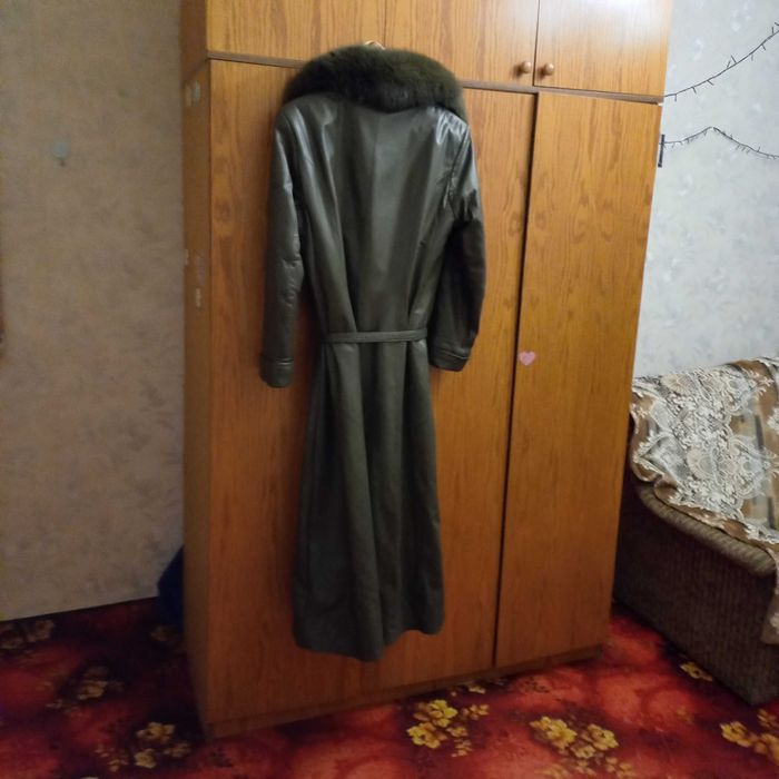 Кожане пальто (під пояс)з натуральним воротником із песця зима осінь весна,довге