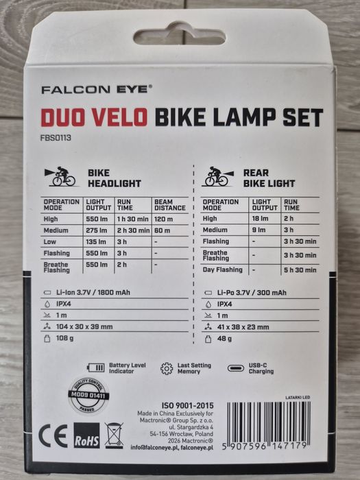Oświetlenie rowerowe przód+tył 550lm, Zestaw lampek rowerowych