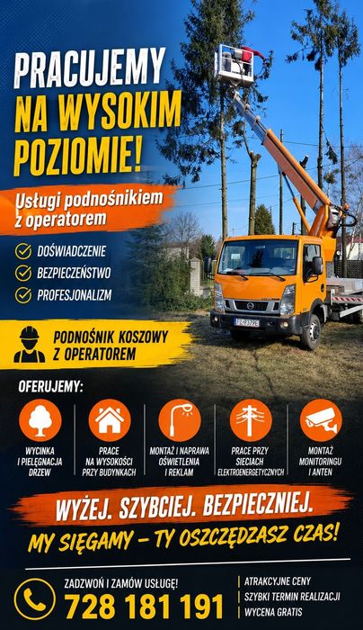 Wynajem, Podnośnik koszowy, zwyżka 22-30m, montaż ozdób świątecznych