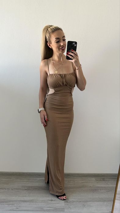 Beżowa sukienka maxi, rozmiar uniwersalny, modelująca, nowa z metką,