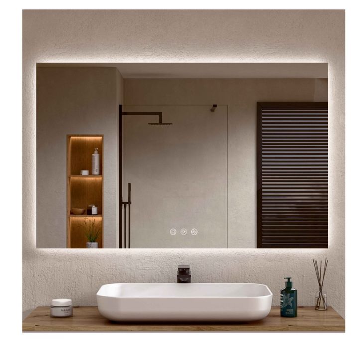 Espelho De Banheiro Com Luz Led, Luz Ajustável Em 3 Cores E Intensidades, Antiembaçante Luz Indireta 80cm Alto X 120cm Largura Bellobath
