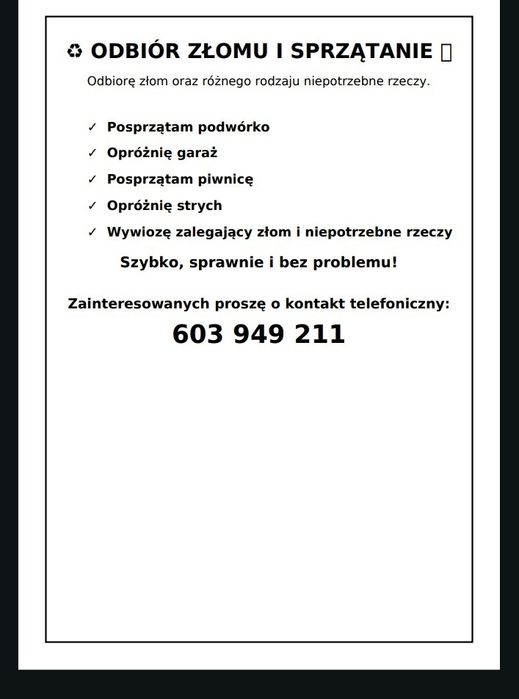 Odbiorę ZŁOM   pomoc przy sprzątaniu.