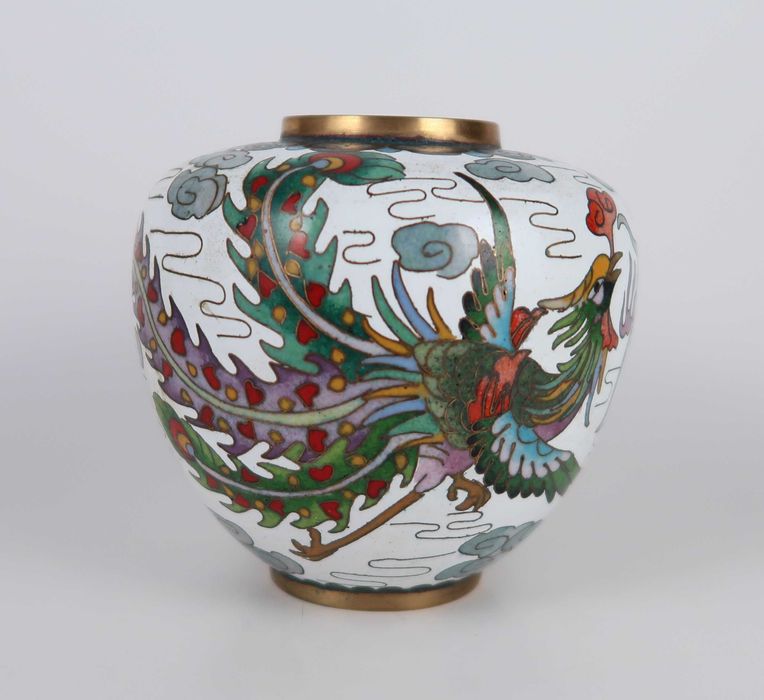 Pote sem tampa cloisonné antigo - Fênix e Dragão