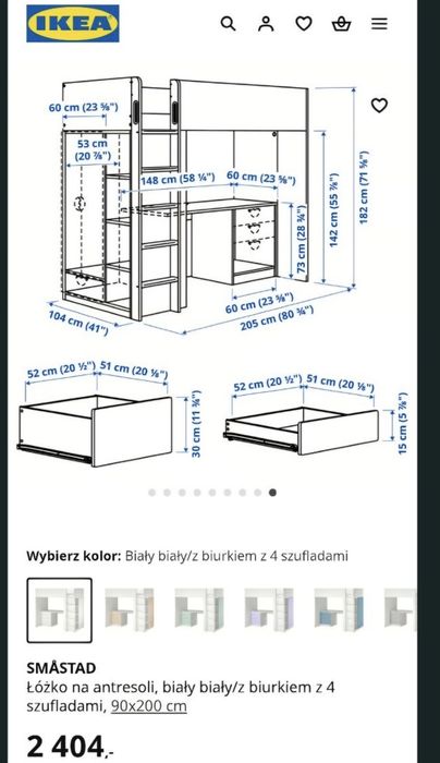 Łóżko piętrowe z biurkiem SMASTAD 90x200