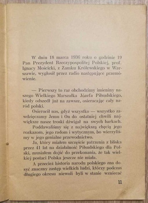 Przemówienia I. Mościckiego w rocznice imienin J. Piłsudskiego 1938r