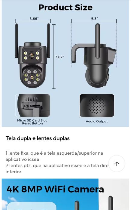 Câmera de segurança 4MP, Visão noturna Deteção Movimento, zoom digital