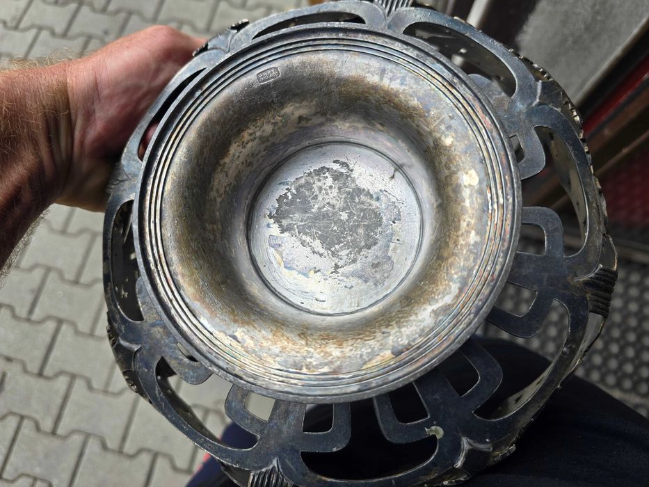 Stary posrebrzany duży koszyk liść klonu plater