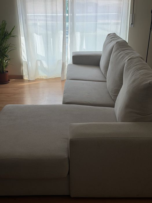 Sofá com Chaise Longue e Assentos Extensíveis – Bege Claro (Excelente Estado)