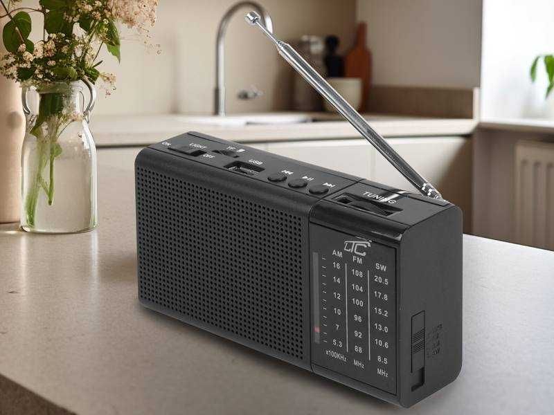 Radio przenośne LTC REGA USB/SD/AUX mini latarka LED akumuator BL-5C czarne