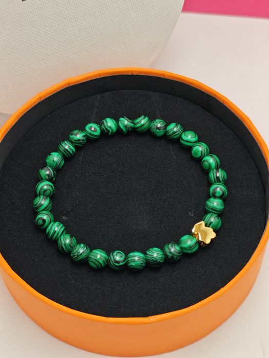 Bransoletka 17,19 z malachitów z misiem żółte srebro vermeil 925