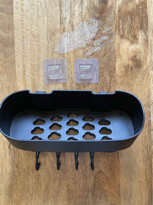 Półka łazienkowa pod prysznic / nad wannę – czarna z haczykami