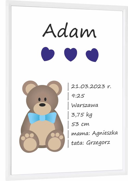 Personalizowana METRYCZKA dla dziecka NARODZINY CHRZEST + ramka! SUPER