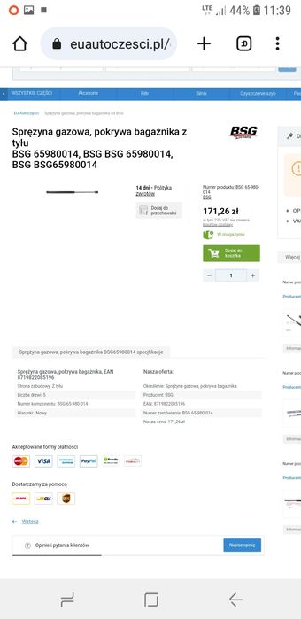 Sprężyna gazowa Astra 2 Astra G,  BSG 65_980_014