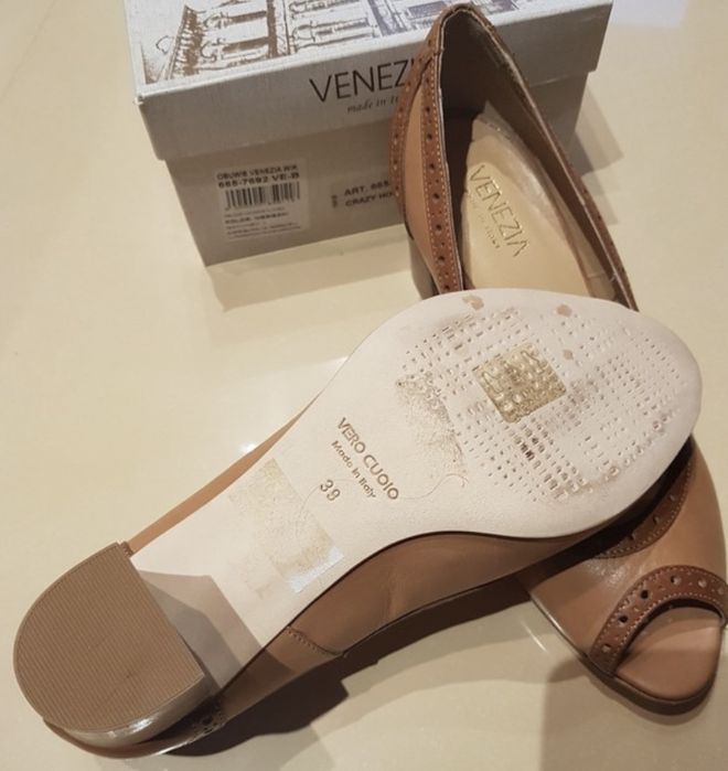 czółenka nowe venezia peep toe brązowe klasyczne retro