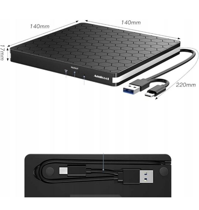 Czarny Zewnetrzny Napęd Dvd CD Amicool BT686 USB-A USB-C