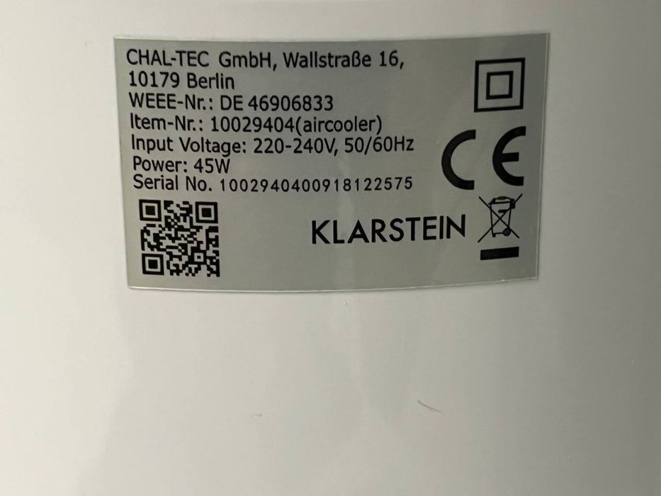 Освіжувач вентилятор зволожувач повітря з Німеччини Klarstein 10029404