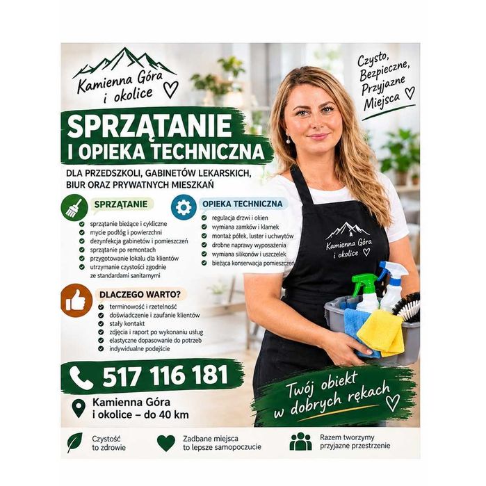 sprzątanie apartamentów biur lokali gabinetów mieszkań przedszkoli opieka techniczna nad nieruchomościami złota rączka drobne naprawy
