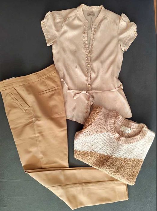 bluzka spodnie sweter rozm.36 / S beżowy zestaw wiosna