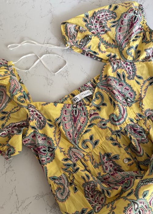 Шикарное платье zara, длинное, s m макси, катон вискоза, летнее жёлтое с узорами, рукава фонарики, для беременных, новое лёгкое воздушное сукня зара