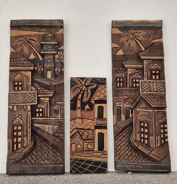 Conjunto de 3 quadros em madeira - Brasil
