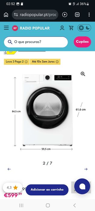 Máquina Secar Roupa10 kg CANDY GD10N2BS