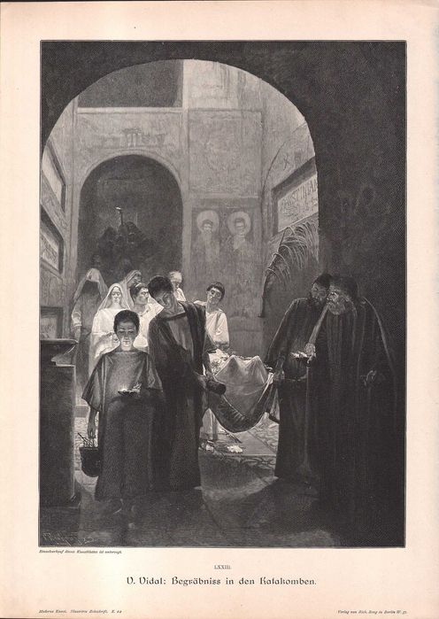 Vidal: Pochówek w katakumbach. Drzeworyt ilustracyjny 1896 r. autentyk