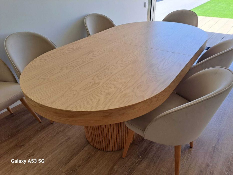 Mesa Jantar Extensível Oval Carvalho Natural e Ripado