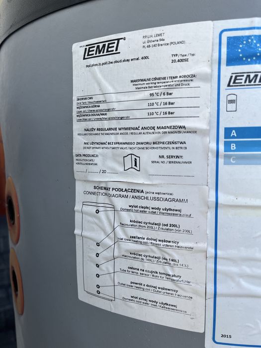 Bojler LEMET z dwiema wężownicami 400 l nowy nie używany