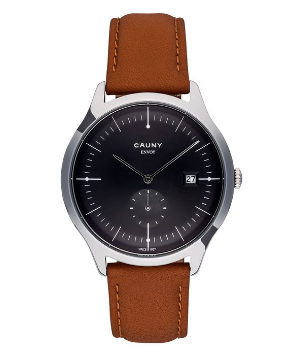 Cauny envoy novo em caixa mostrador preto bracelete camel pele