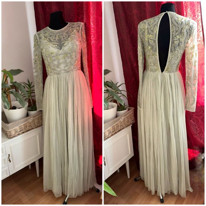 Szałwiowa sukienka maxi zdobiona cekinowa tiulowa m 38 asos L 40