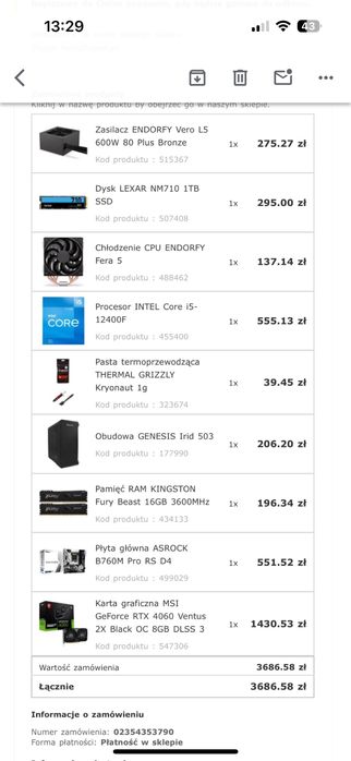 Komputer do gier / RTX 4060 6GB / I5 12400F / 16 GB RAM