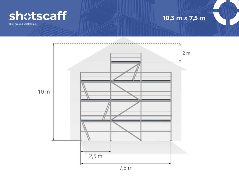 Aluminiowe lekkie rusztowanie na ścianę szczytową Plettac 10x7,5 podest 2,5m kompletne rusztowanie