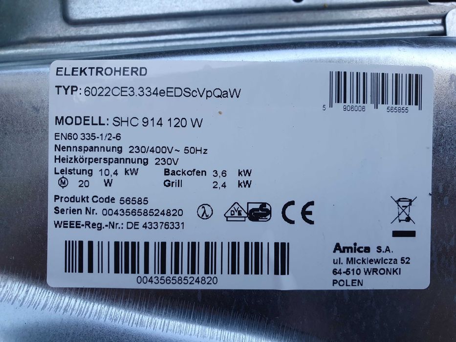 Kuchenka z płytą ceramiczną Amica SHC 914 120W z Niemiec jak NOWA!