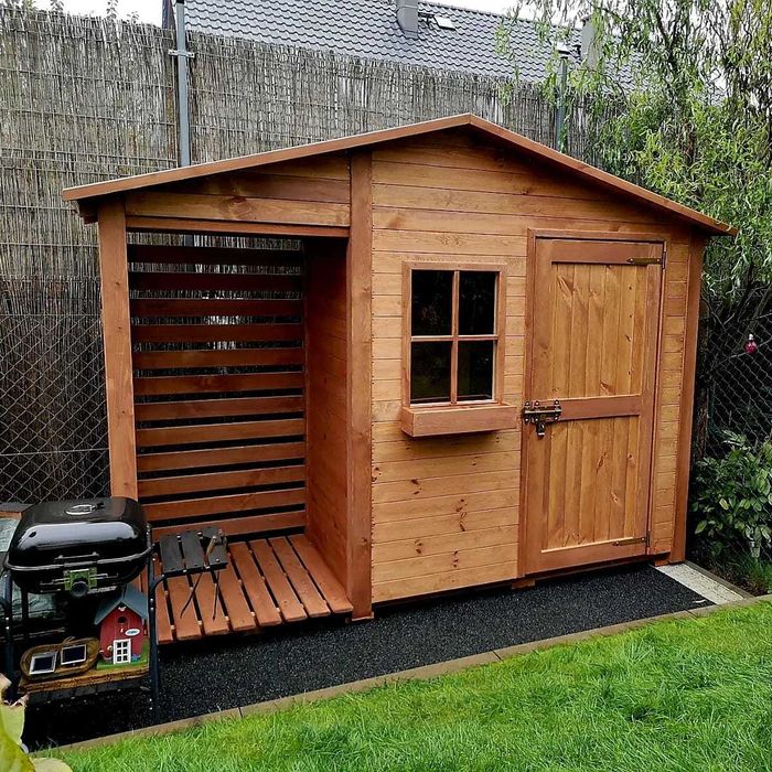 Domek narzędziowy 2 x 1,1m z  drewutnią 1,14 x 1,1m z dachem prostym