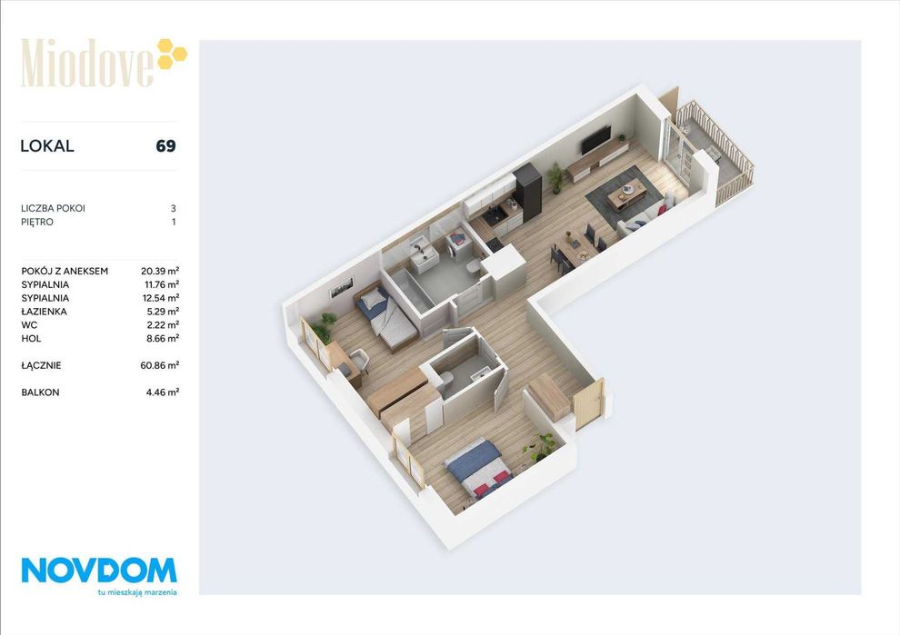 3 pokojowe mieszkanie 60 m2 z balkonem | Osiedle Miodove | Ostrów Mazowiecka