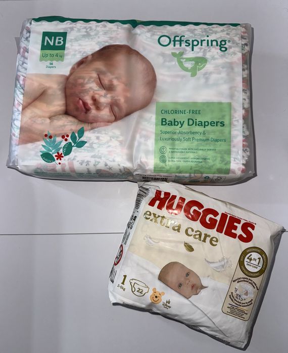 Підгузники Offspring NB 56шт, Pampers 1, Huggies Extra Care (1) 22шт