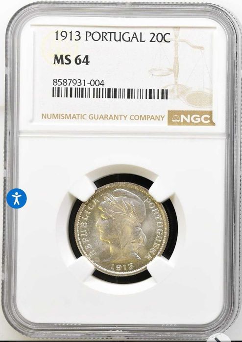 2ª Républica Portuguesa - 20 Centavos 1913 PRATA / NGC MS64 / SOBERBA