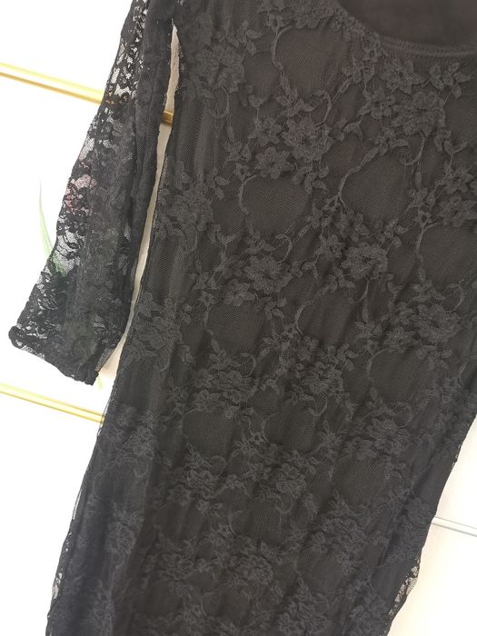 Sukienka midi, koronkowa, mała czarna z długim rękawem, S/36