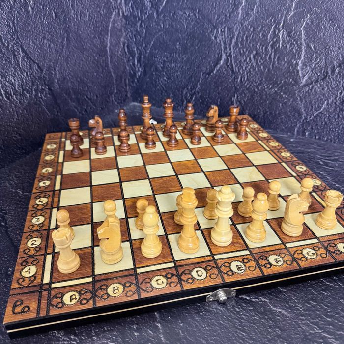 Шахматы, шашки, нарды 3в1 деревянные с магнитом 7703 (доска 34x34 см)