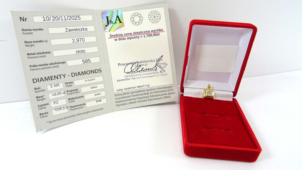Kwadratowa Złota Zawieszka z DIAMENTEM PR.585