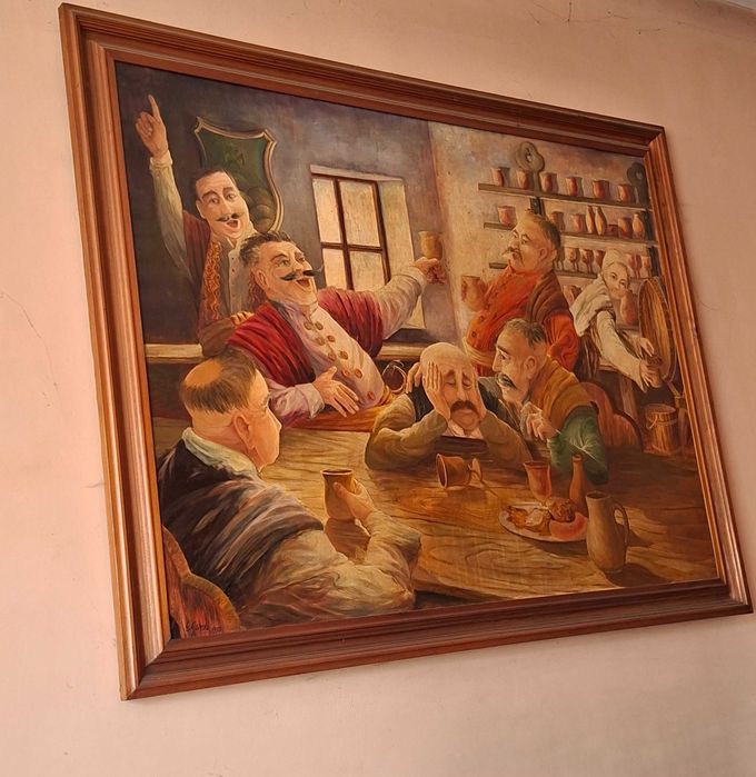 Duży obraz olejny/ E. Górski 1993 – scena biesiadna
