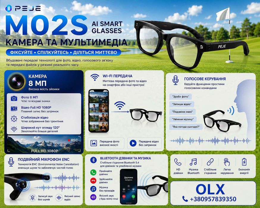 Смарт окуляри PEJE M02S — AI, камера 8 МП, ChatGPT, переклад до 150 мов, Full HD відео, Bluetooth, Wi-Fi, фотохромні лінзи та стиль щодня!