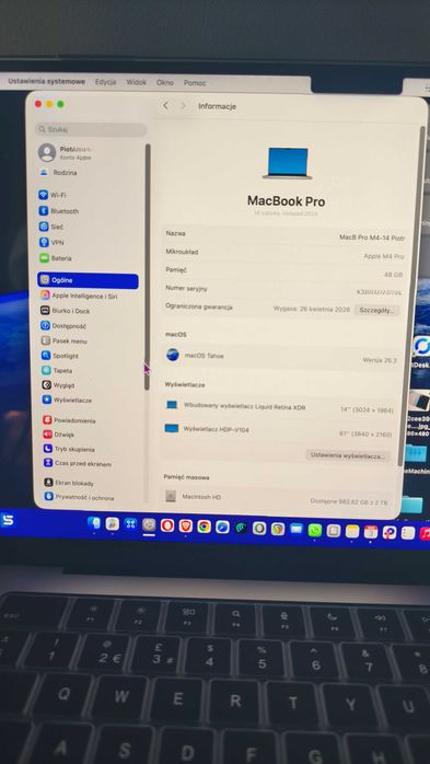 MacBook PRO M4 Pro , 14 Core, 48 GB RAM, 2 TB NVME, jak nowy, 14"